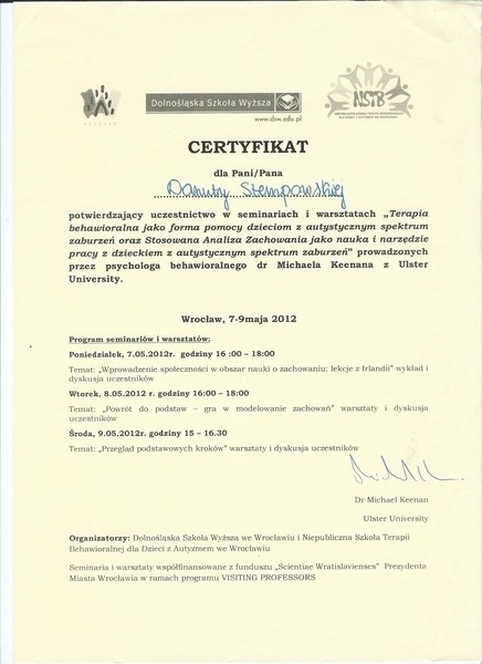 Autyzm 2012 Wrocław DSW Certyfikat
