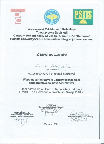 ADHD 2004 Zaświadczenie Konferencja naukowa Warszawa