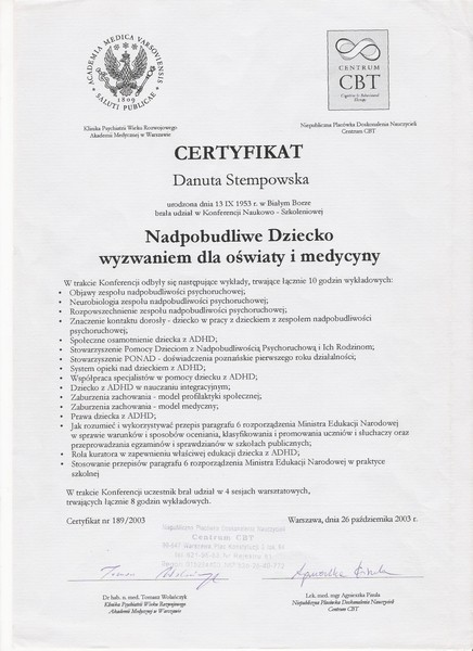  ADHD 2003 CBT Certyfikat Nadpobudliwe Dziecko Warszawa