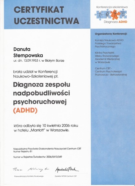 Certyfikat ADHD 2006 CBT Warszawa