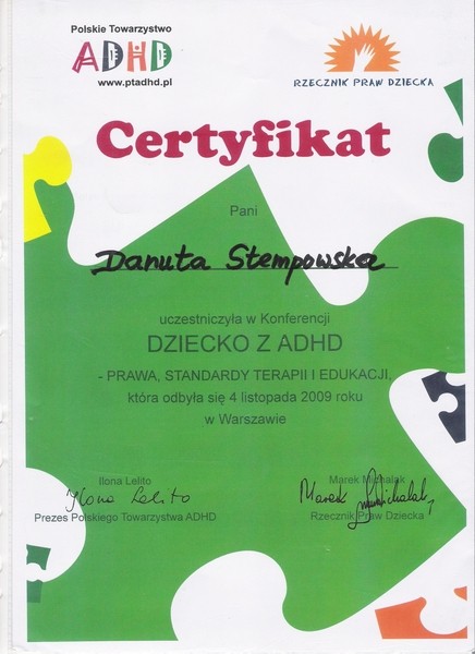 RPDz 2009 Certyfikat Dziecko z ADHD Warszawa