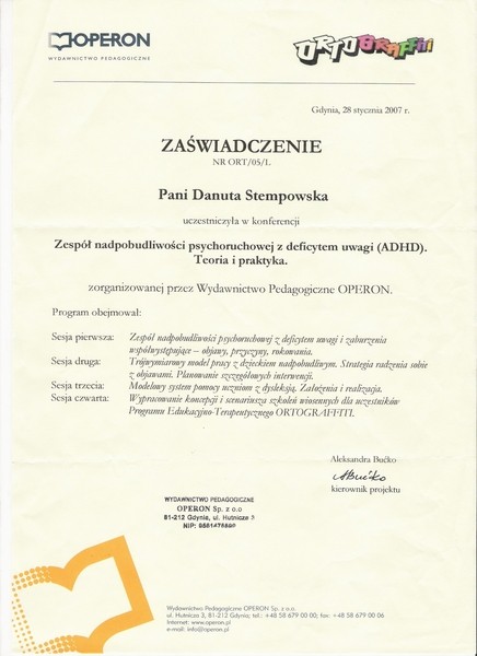 Zaświadczenie ADHD 2007 Gdynia