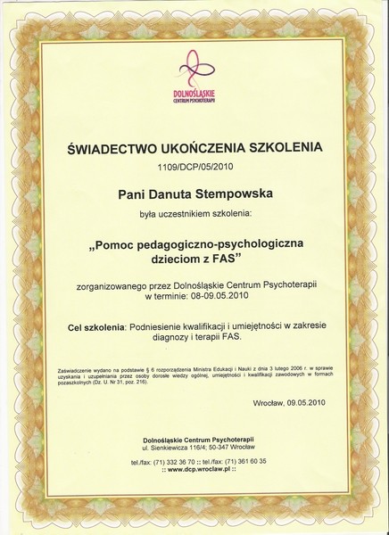 Świadectwo ukończenia szkolenia FAS 2010 Wrocław