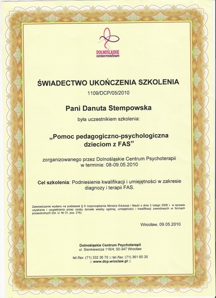 Świadectwo ukończenia szkolenia FAS 2010 Wrocław