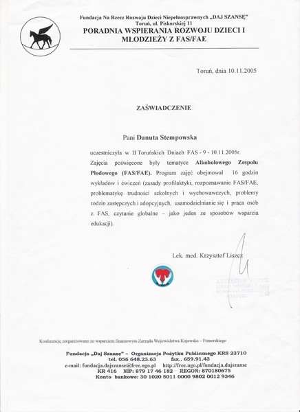 Zaświadczenie FAS 2005-11-05 Toruń