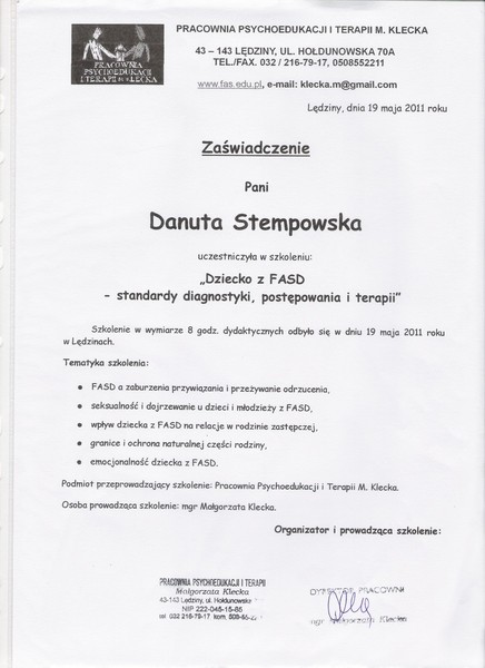 Zaświadczenie Dziecko z FASD 2011-05-19 Lędziny