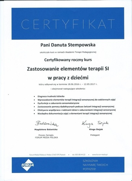SI 2016-2017 Forum Certyfikowany Roczny kurs Stempowska
