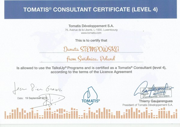 Tomatis 2016 4 level Konsultant Stempowska Certyfikat