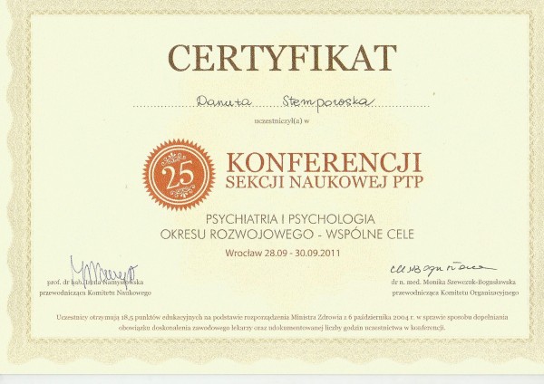 Certyfikat 25 Konferencji Sekcji Naukowej PTP Psychiatria i Psychologia