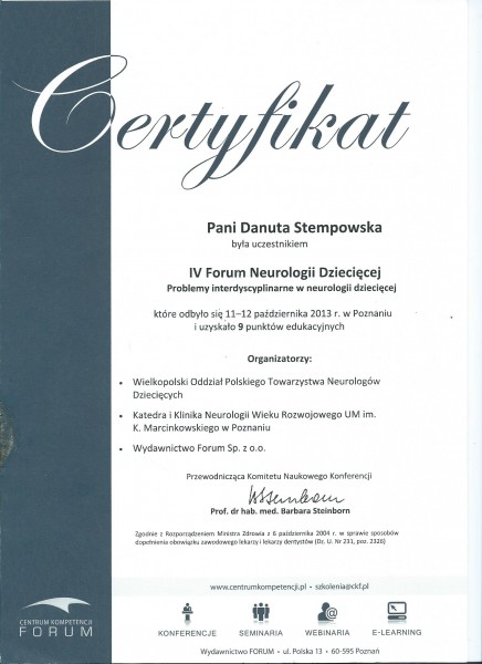 Certyfikat IV Forum Neurologii Dziecięcej D. Stempowska