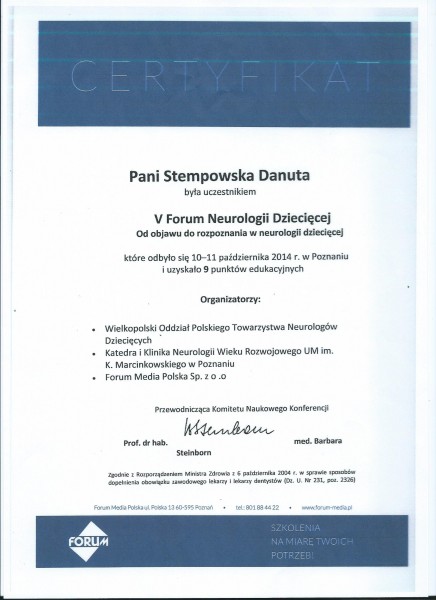Certyfikat  V Forum Neurologii Dziecięcej D. Stempowska