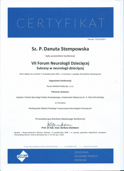Certyfikat VII Forum Neurologii Dziecięcej D. Stempowska