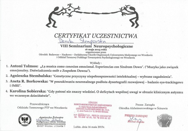 Certyfikat Polskie Towarzystwo Psychologiczne 2015 Lubin VIII Seminarium Neuropsychologiczne