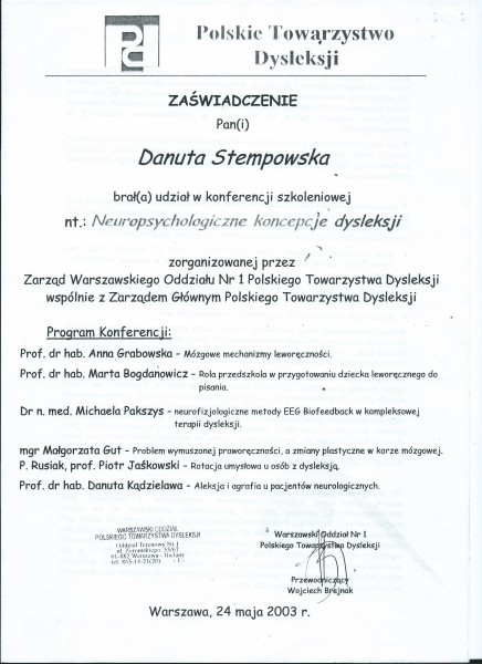 PTD 2003 V Dysleksja Neuropsychologiczne koncepcje EEG Biofeedback Stempowska