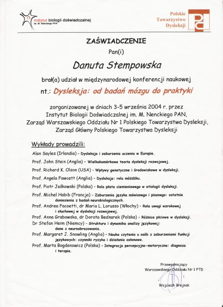 PTD 2004 Dysleksja Od badań mózgu Konferencja Stempowska