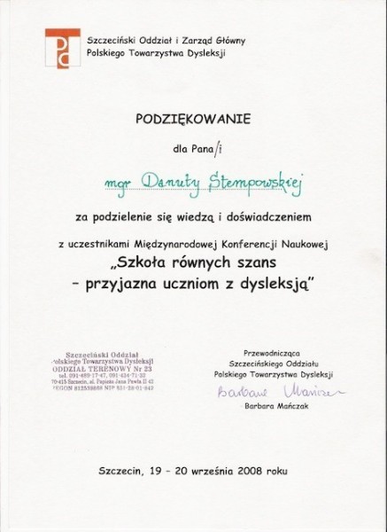 PTD 2008 Szczecin Podziękowanie za wykład Stempowskiej Danucie