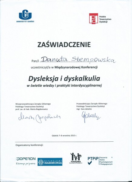 PTD 2013 Dysleksja i dyskalkulia Stempowska Uniwersytet Gdański