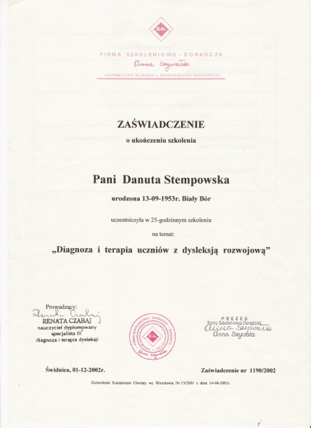 Dysleksja 2002-XII-01 Świdnica szkolenie u R. Czabaj 25 godzin