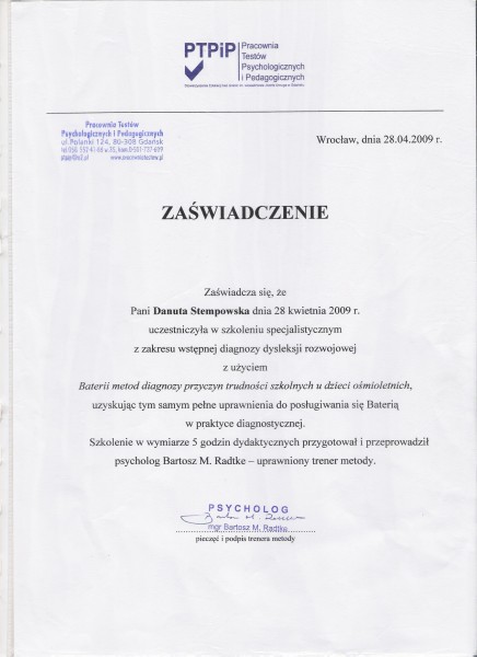 Dysleksja 2009 diagnoza PTPiP  Wrocław szkolenie Stempowska