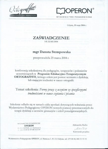 Ortograffiti 2004 Operon D. Stempowska wykonawca konferencji szkoleniowej