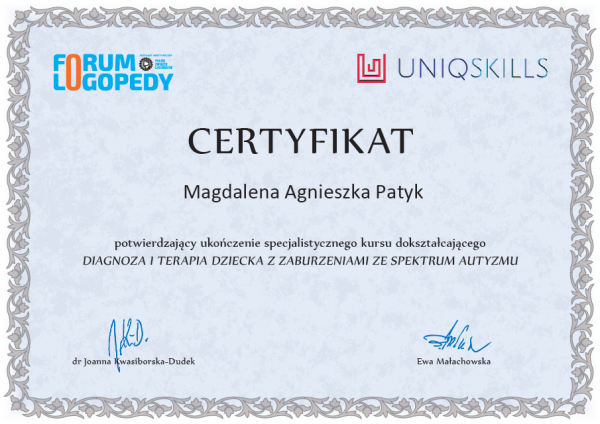 Certyfikat Magda Patyk Autyzm